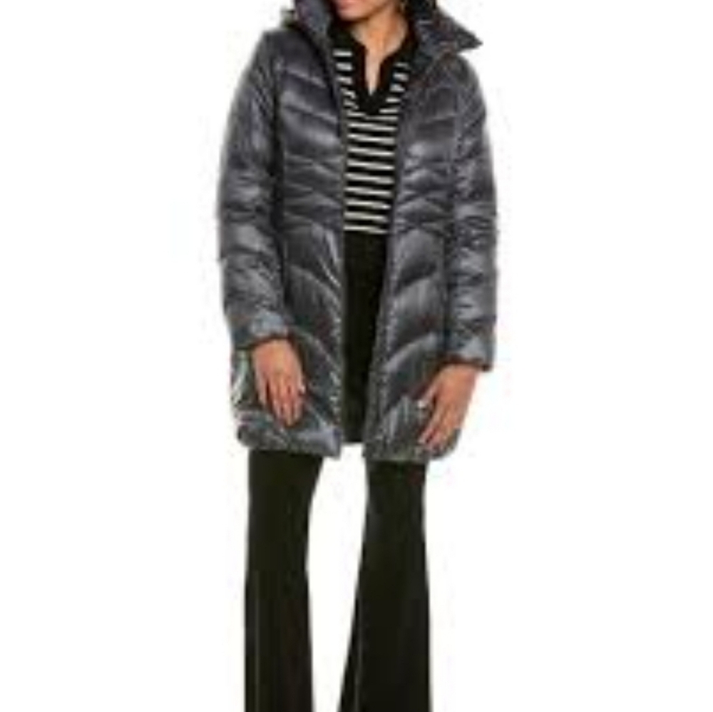 Via Spiga Swirl Down Charcoal Puffer Coat Size M Full Zip Hooded Long Quilted - Picture 1 of 8